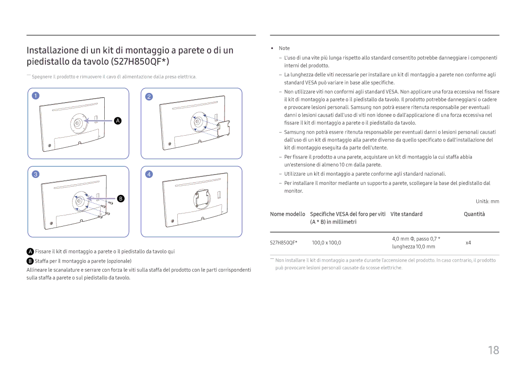 Samsung LS27H850QFUXEN, LS24H850QFUXEN manual S27H850QF 100,0 x 100,0 Mm Φ, passo 0,7 Lunghezza 10,0 mm 