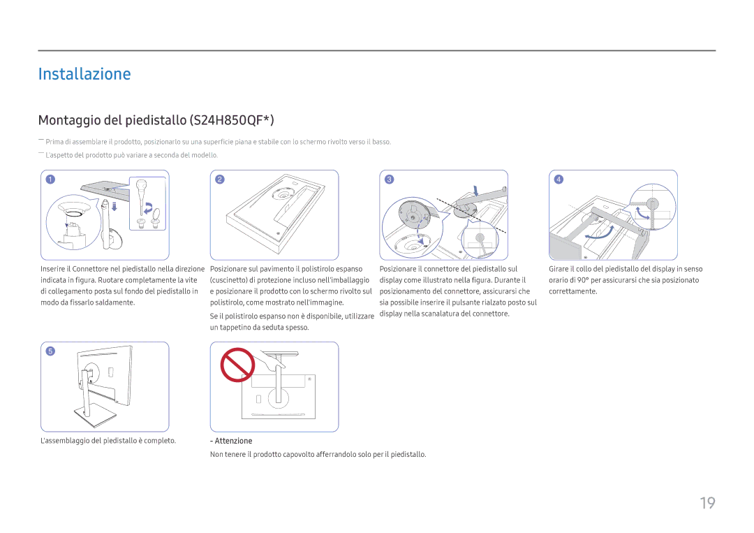 Samsung LS24H850QFUXEN, LS27H850QFUXEN manual Installazione, Montaggio del piedistallo S24H850QF 