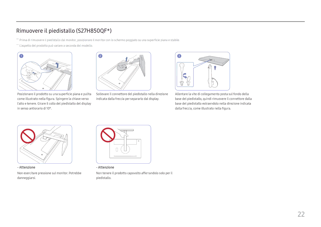 Samsung LS27H850QFUXEN, LS24H850QFUXEN manual Rimuovere il piedistallo S27H850QF 