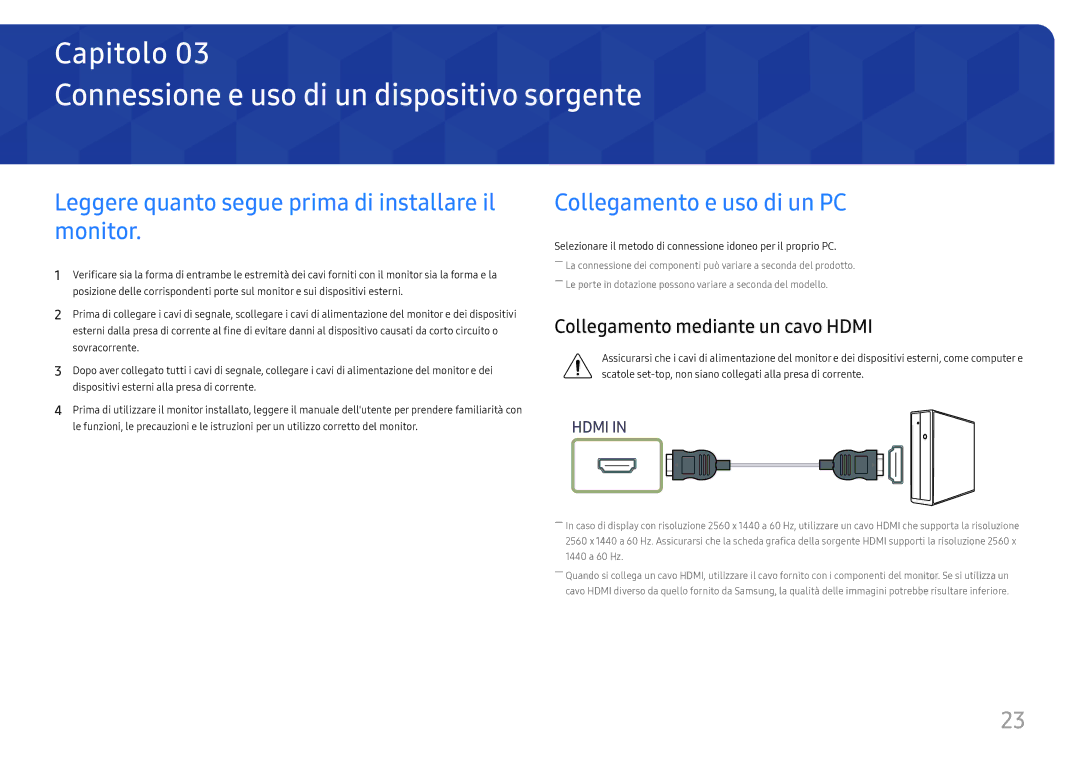 Samsung LS24H850QFUXEN Connessione e uso di un dispositivo sorgente, Leggere quanto segue prima di installare il monitor 