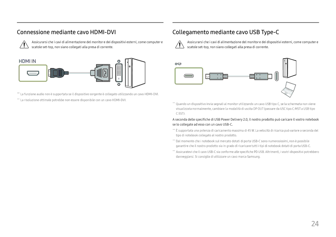 Samsung LS27H850QFUXEN, LS24H850QFUXEN manual Connessione mediante cavo HDMI-DVI, Collegamento mediante cavo USB Type-C 