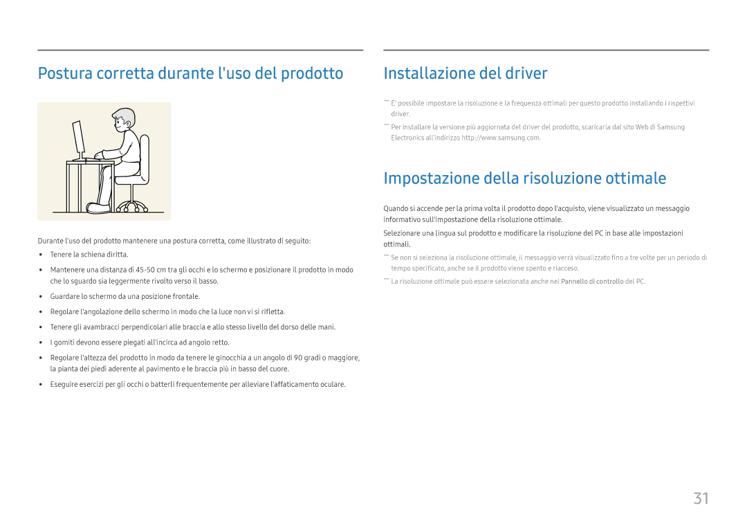 Samsung LS24H850QFUXEN, LS27H850QFUXEN Postura corretta durante luso del prodotto, Impostazione della risoluzione ottimale 