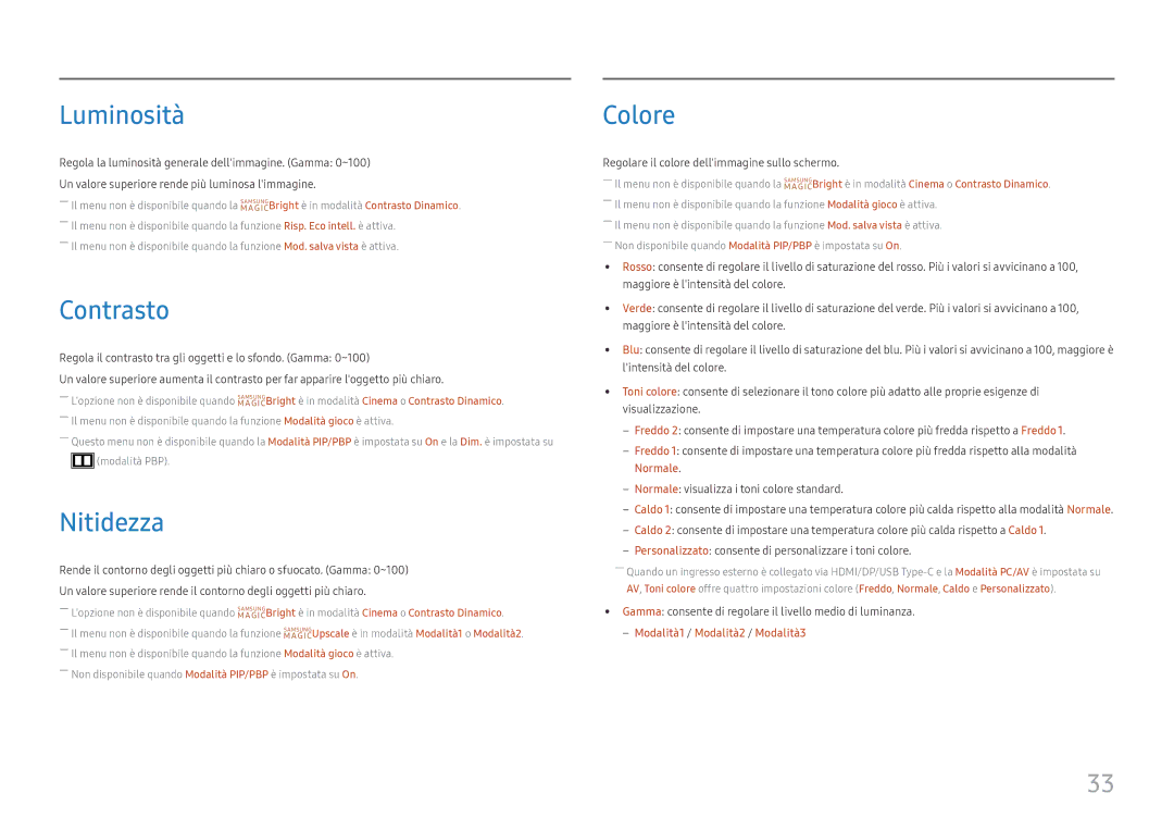 Samsung LS24H850QFUXEN, LS27H850QFUXEN manual Luminosità, Contrasto, Nitidezza, Colore 
