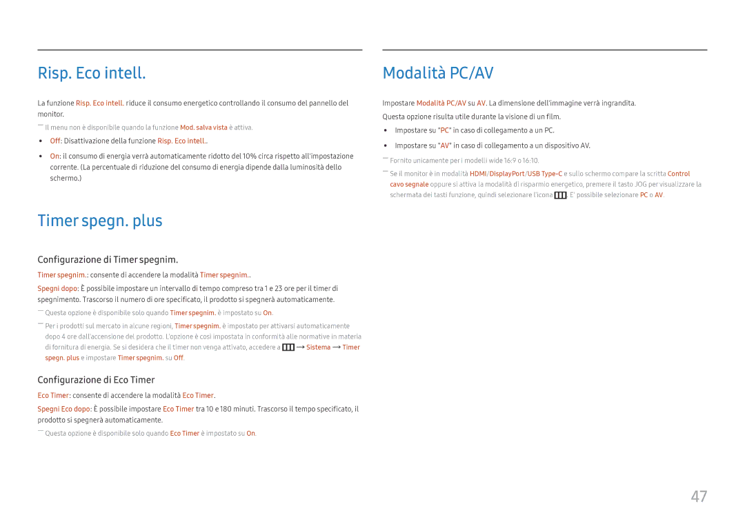 Samsung LS24H850QFUXEN, LS27H850QFUXEN manual Risp. Eco intell, Timer spegn. plus, Modalità PC/AV 