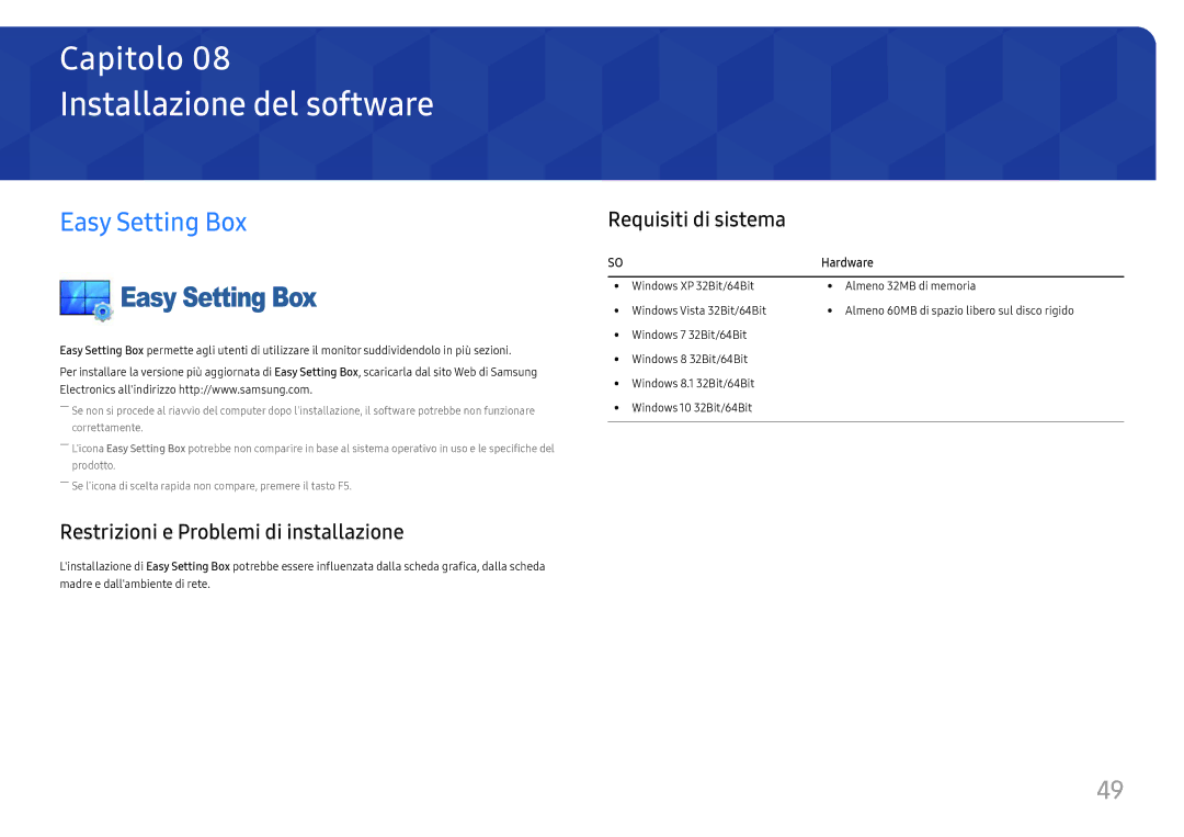 Samsung LS24H850QFUXEN manual Installazione del software, Easy Setting Box, Restrizioni e Problemi di installazione 