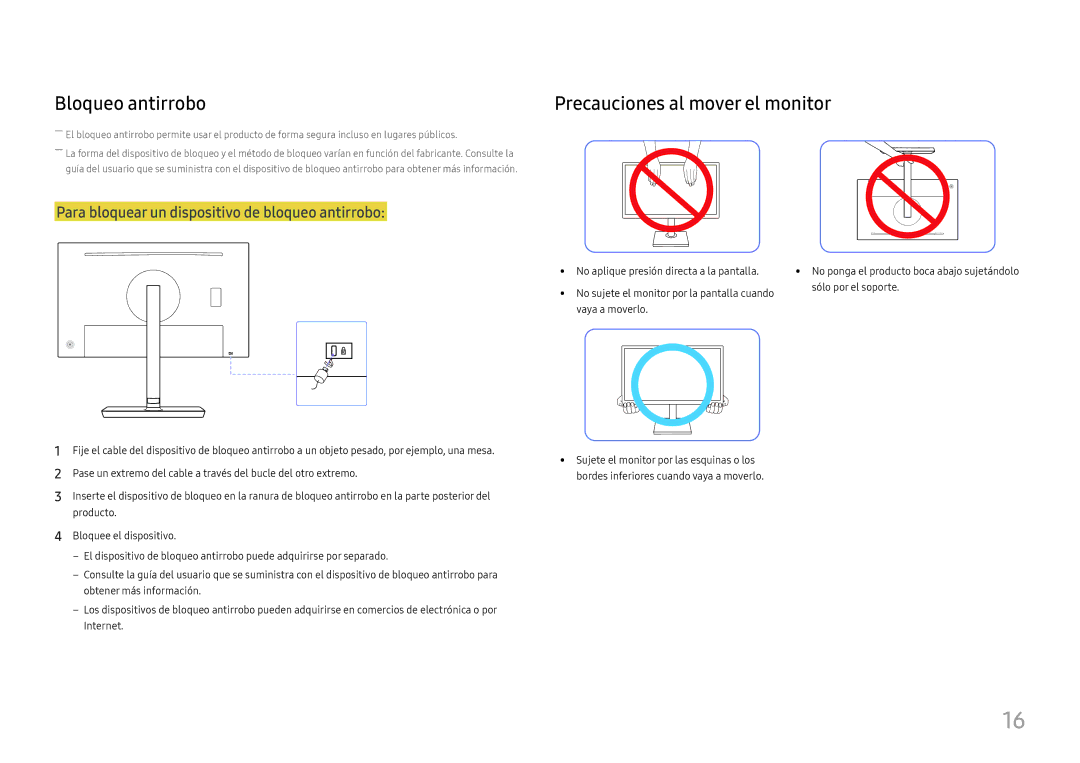 Samsung LS27H850QFUXEN, LS24H850QFUXEN manual Bloqueo antirrobo, Precauciones al mover el monitor 