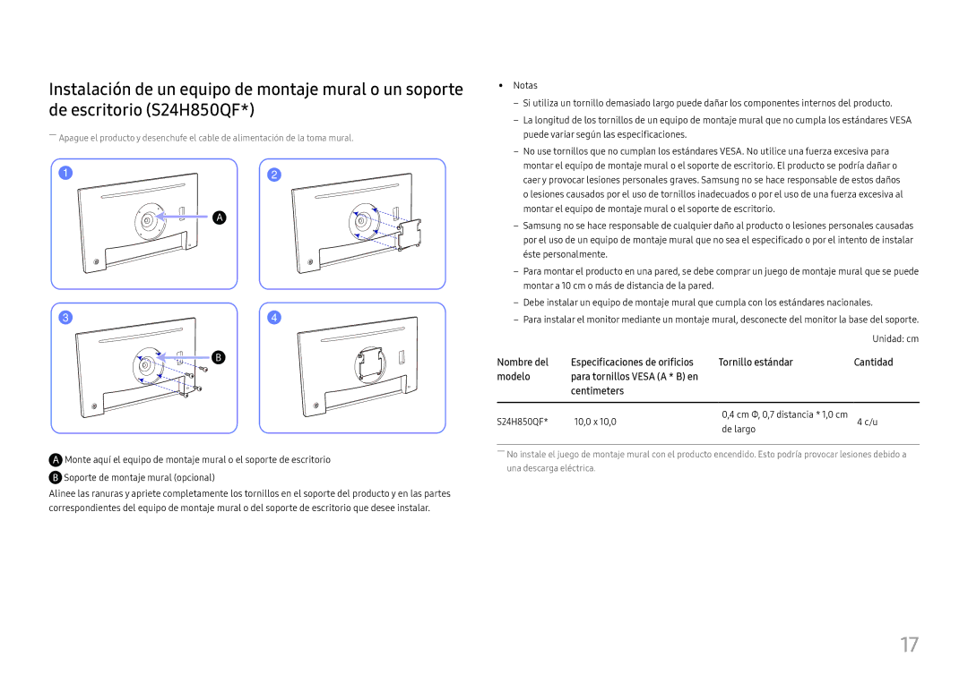 Samsung LS24H850QFUXEN, LS27H850QFUXEN manual S24H850QF 10,0 x 10,0 Cm Φ, 0,7 distancia * 1,0 cm De largo 