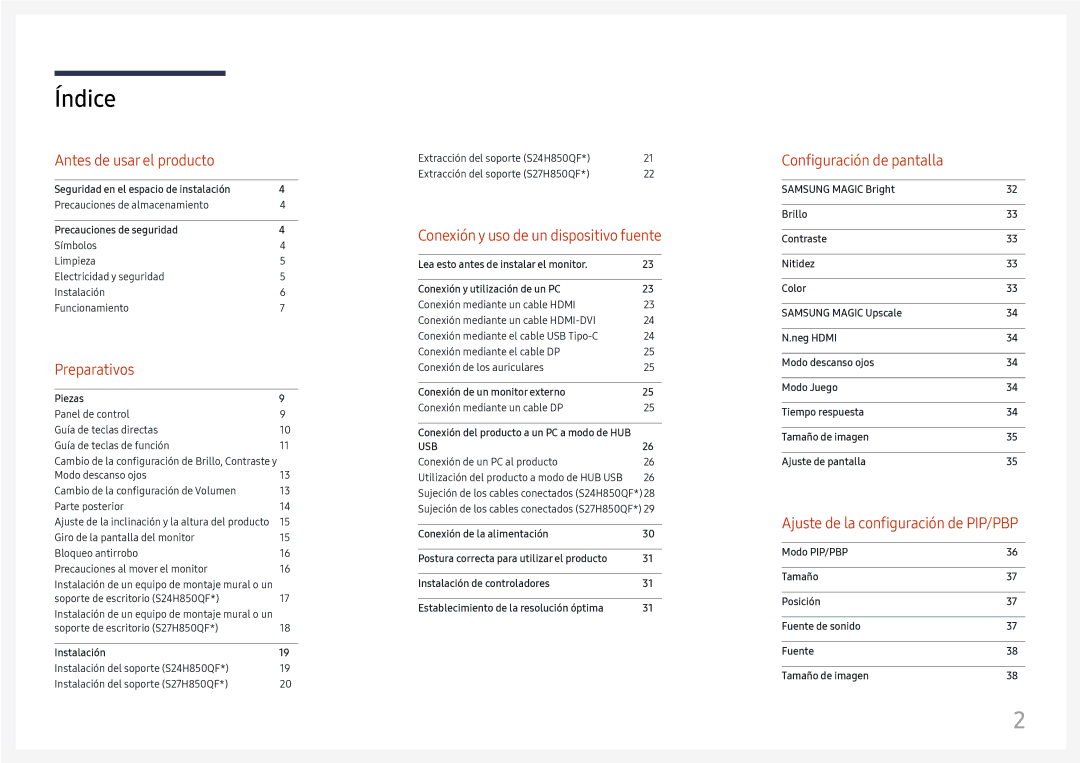 Samsung LS27H850QFUXEN, LS24H850QFUXEN manual Índice 