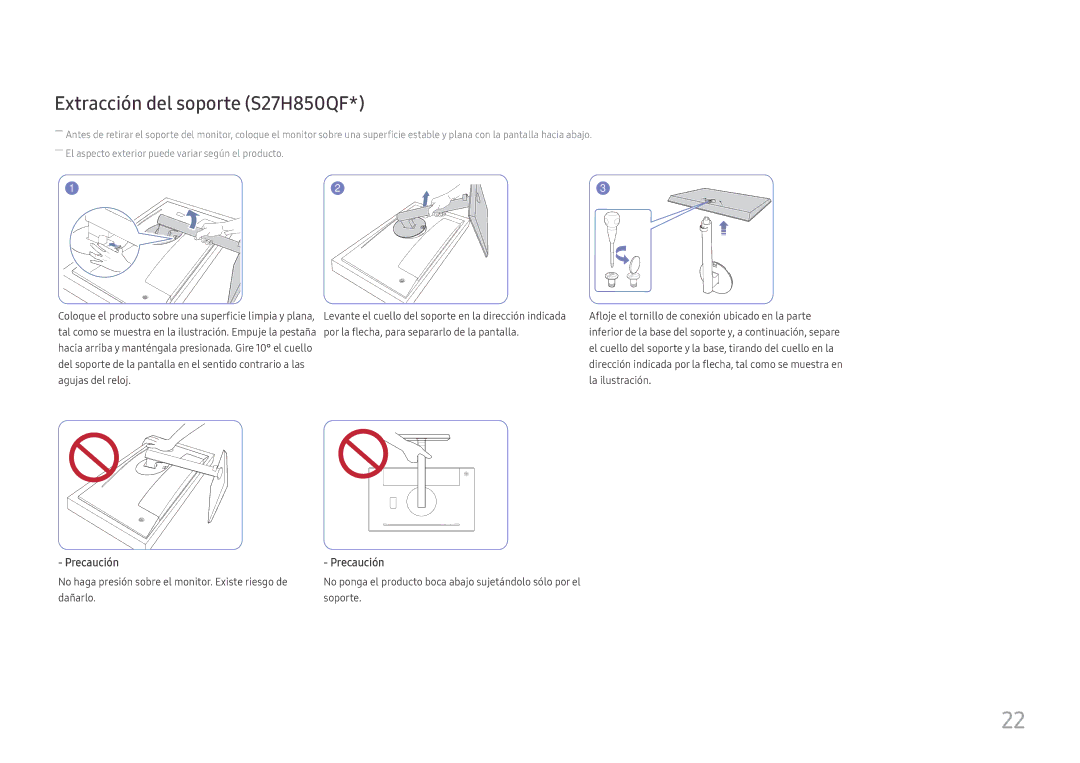 Samsung LS27H850QFUXEN, LS24H850QFUXEN manual Extracción del soporte S27H850QF 