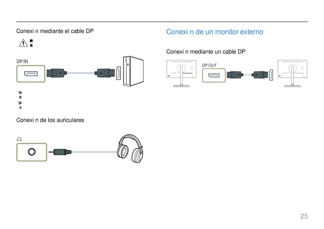 Samsung LS24H850QFUXEN manual Conexión mediante el cable DP, Conexión mediante un cable DP, Conexión de los auriculares 