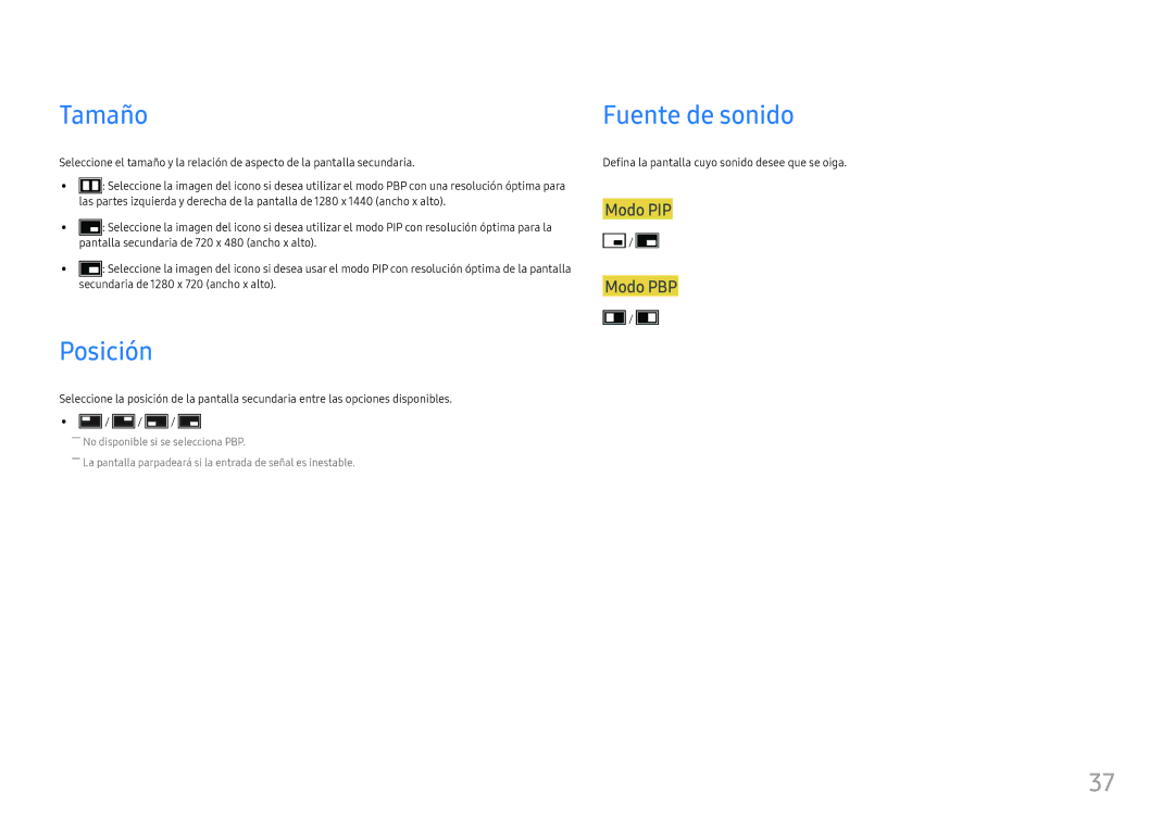 Samsung LS24H850QFUXEN, LS27H850QFUXEN manual Tamaño, Posición, Fuente de sonido, Modo PIP Modo PBP 