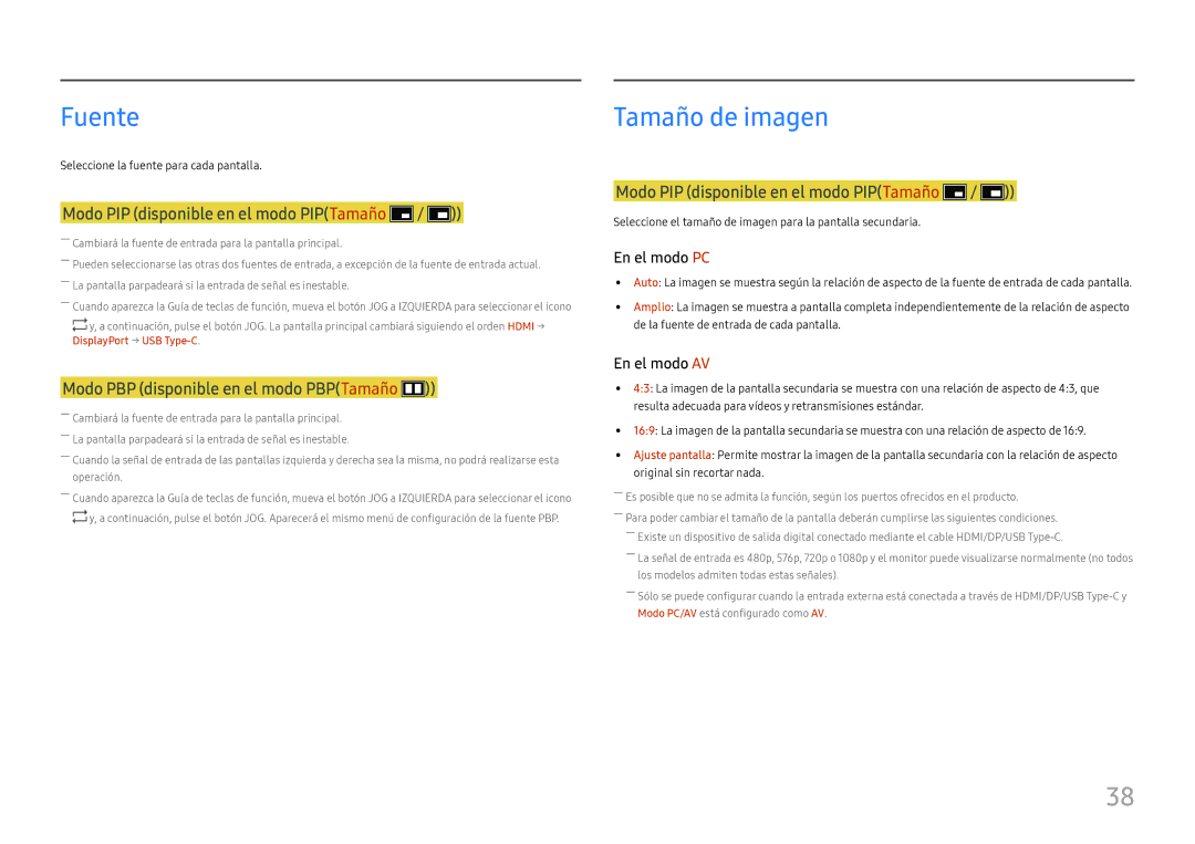 Samsung LS27H850QFUXEN manual Fuente, Modo PIP disponible en el modo PIPTamaño, Modo PBP disponible en el modo PBPTamaño 