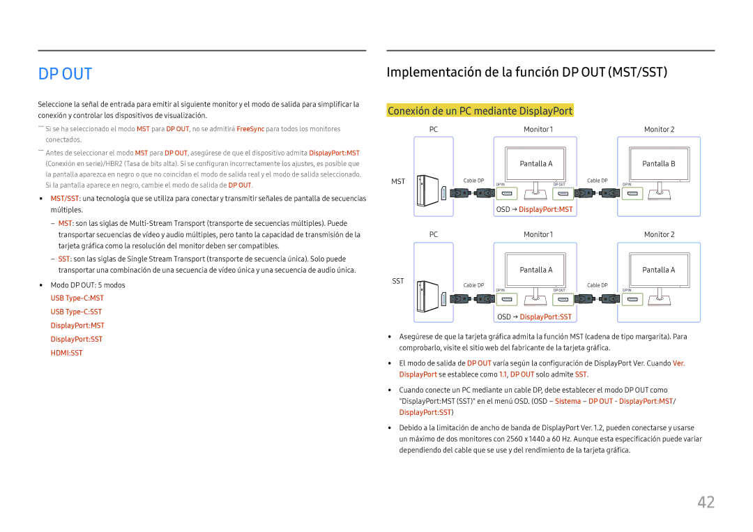 Samsung LS27H850QFUXEN, LS24H850QFUXEN Implementación de la función DP OUT MST/SST, Conexión de un PC mediante DisplayPort 