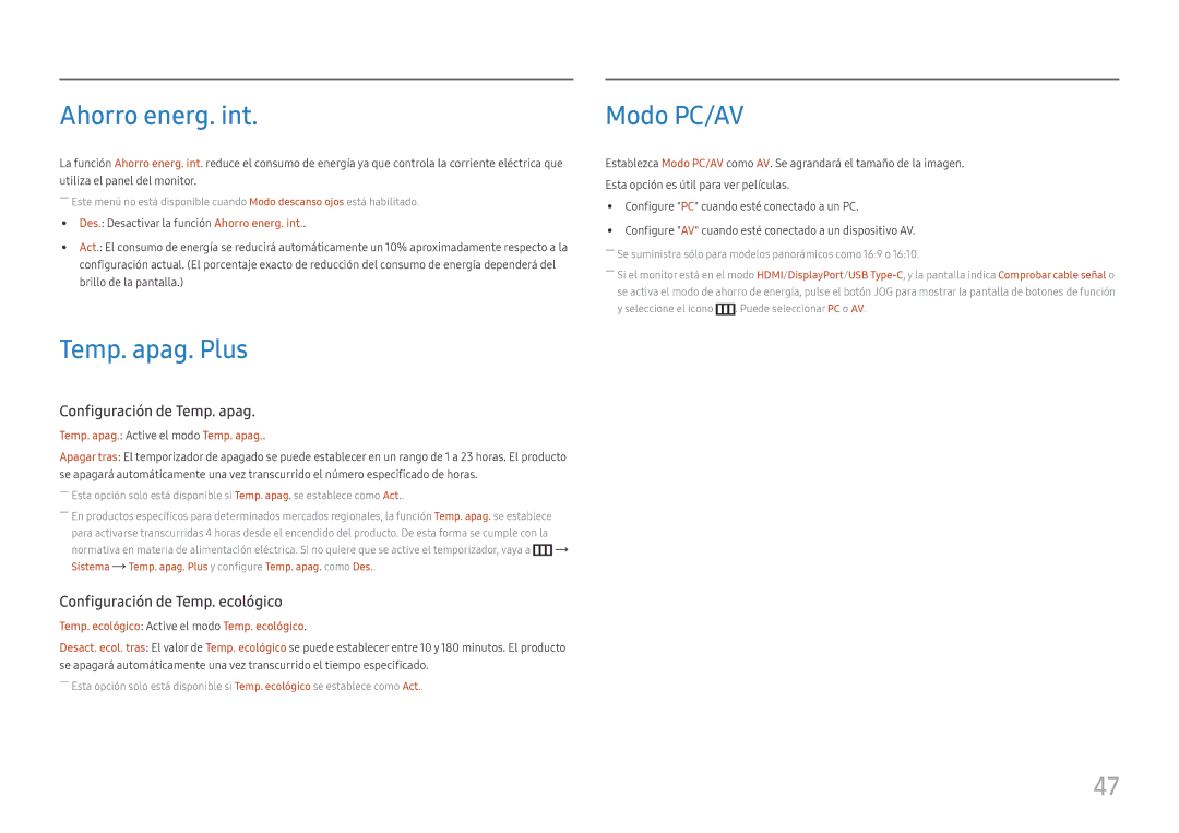 Samsung LS24H850QFUXEN, LS27H850QFUXEN manual Ahorro energ. int, Temp. apag. Plus, Modo PC/AV 