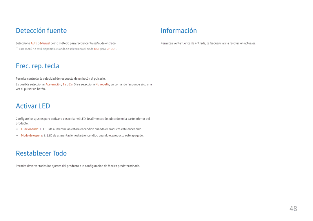Samsung LS27H850QFUXEN, LS24H850QFUXEN manual Detección fuente, Información, Frec. rep. tecla, Activar LED, Restablecer Todo 