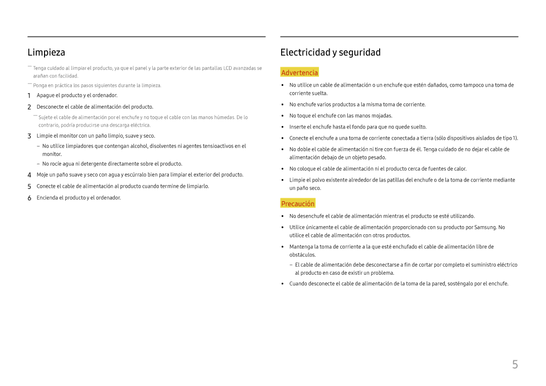 Samsung LS24H850QFUXEN, LS27H850QFUXEN manual Limpieza, Electricidad y seguridad 