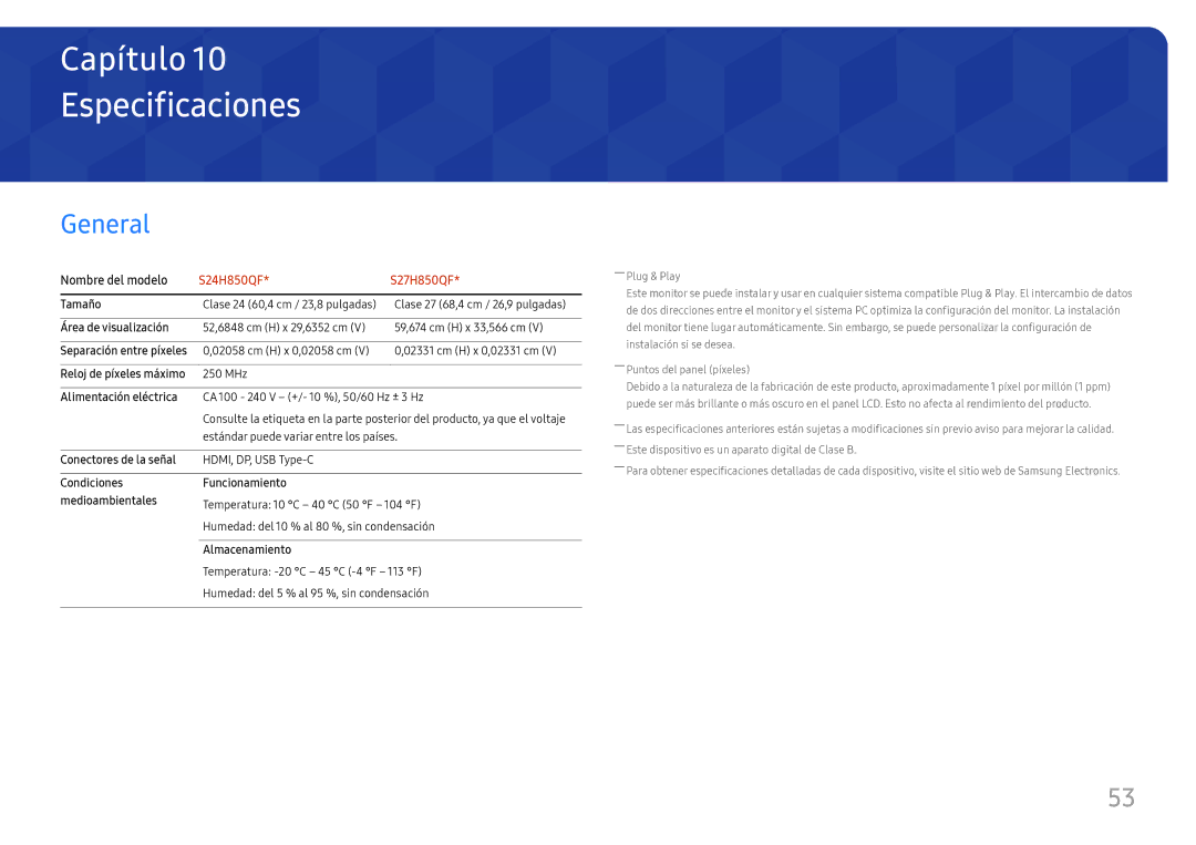 Samsung LS24H850QFUXEN, LS27H850QFUXEN manual Especificaciones, General 