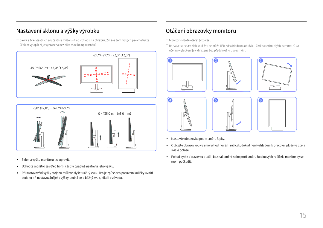 Samsung LS24H850QFUXEN, LS27H850QFUXEN manual Nastavení sklonu a výšky výrobku, Otáčení obrazovky monitoru 