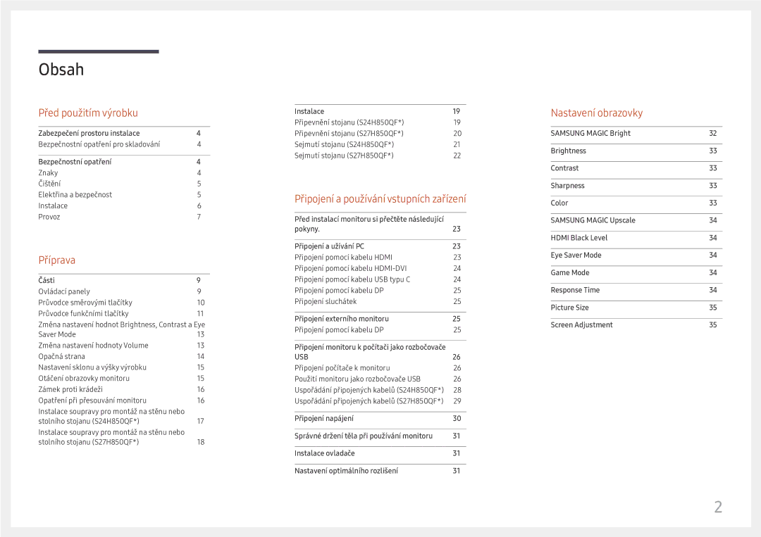 Samsung LS27H850QFUXEN, LS24H850QFUXEN manual Obsah 