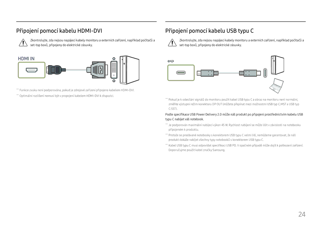 Samsung LS27H850QFUXEN, LS24H850QFUXEN manual Připojení pomocí kabelu HDMI-DVI, Připojení pomocí kabelu USB typu C 