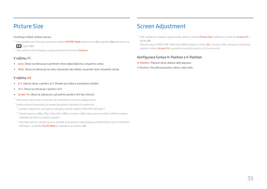 Samsung LS24H850QFUXEN, LS27H850QFUXEN manual Picture Size, Screen Adjustment 