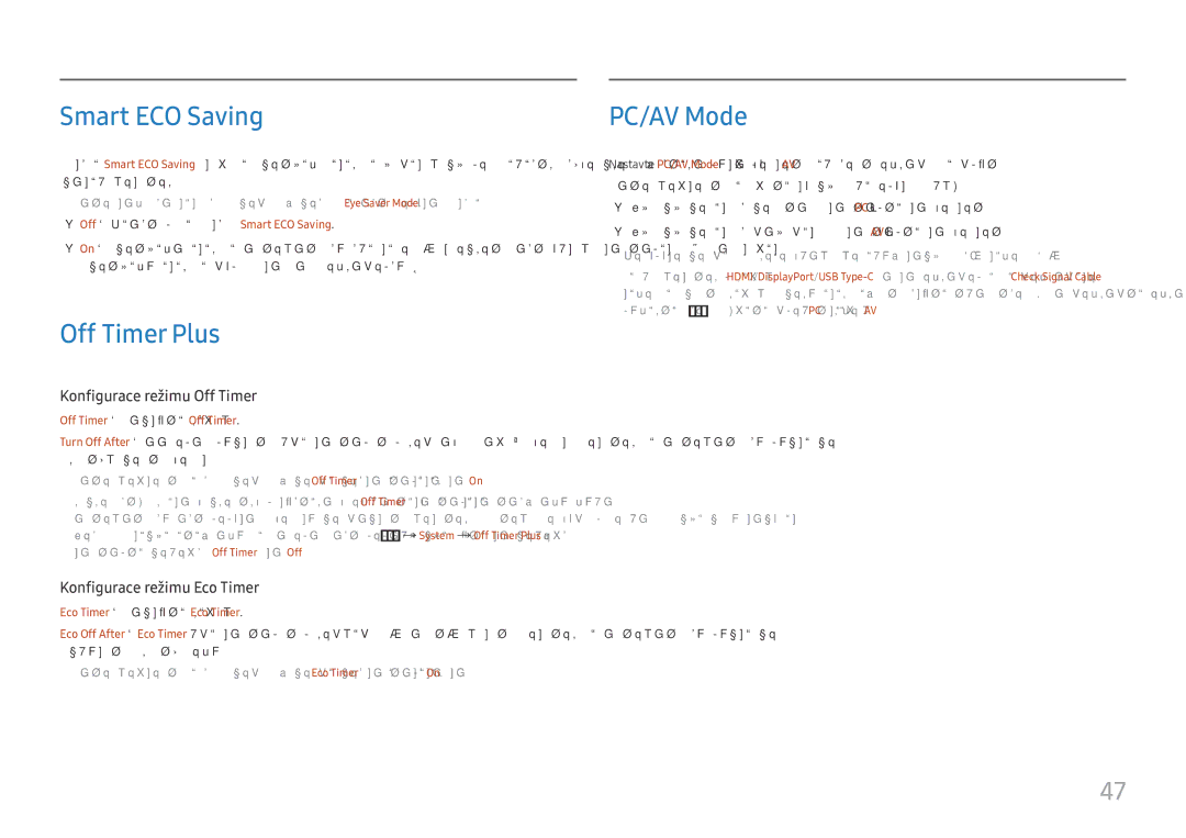 Samsung LS24H850QFUXEN, LS27H850QFUXEN manual Smart ECO Saving, Off Timer Plus, PC/AV Mode 