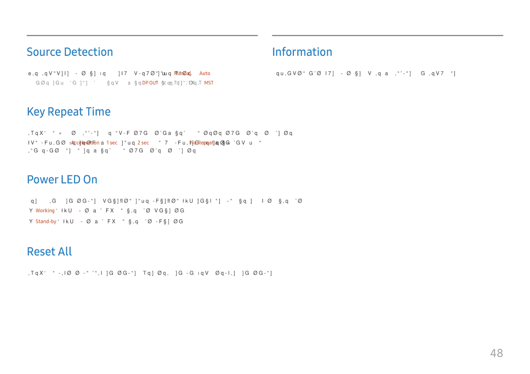 Samsung LS27H850QFUXEN, LS24H850QFUXEN manual Source Detection Information, Key Repeat Time, Power LED On, Reset All 