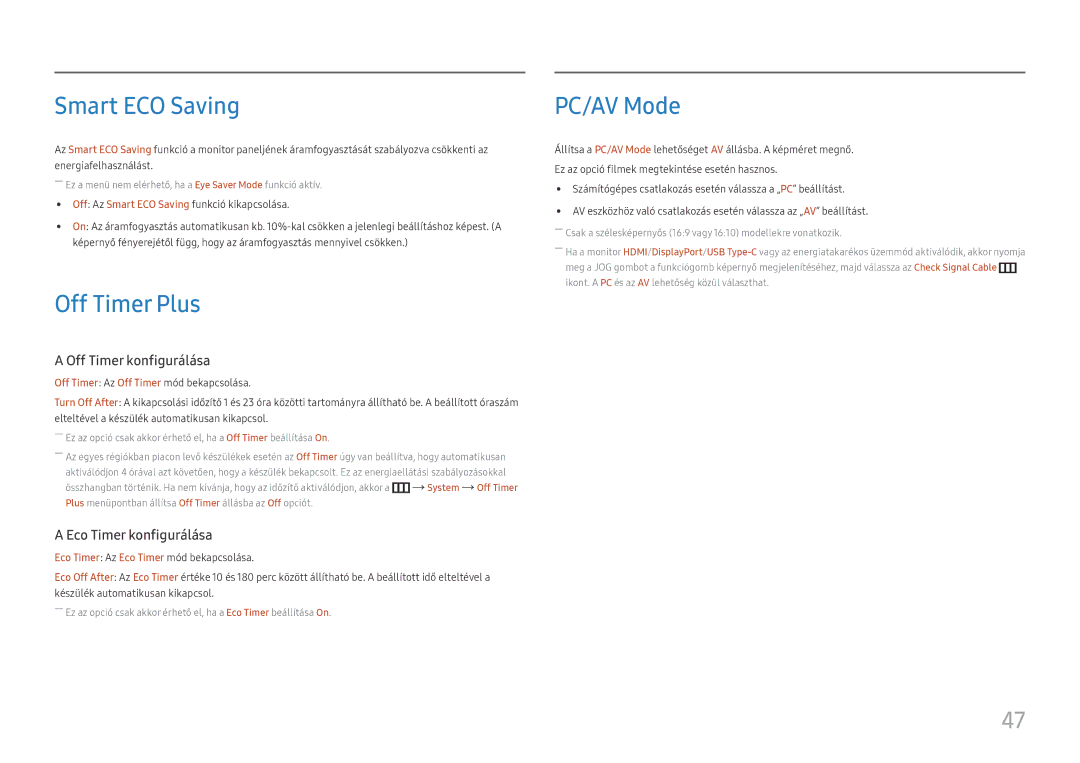 Samsung LS24H850QFUXEN, LS27H850QFUXEN manual Smart ECO Saving, Off Timer Plus, PC/AV Mode 