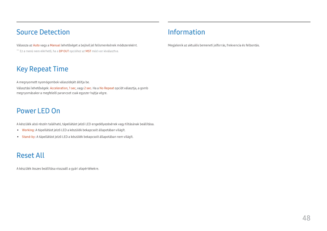 Samsung LS27H850QFUXEN, LS24H850QFUXEN manual Source Detection Information, Key Repeat Time, Power LED On, Reset All 
