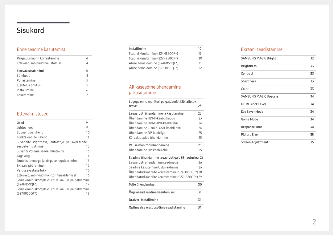 Samsung LS27H850QFUXEN manual Sisukord 