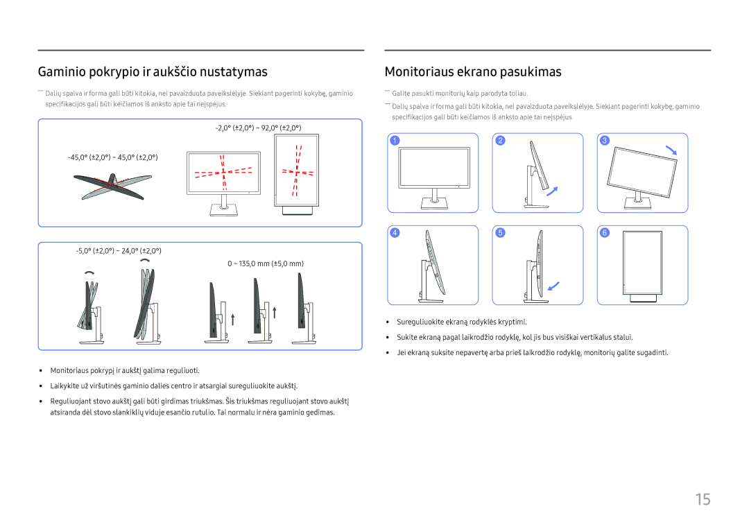 Samsung LS27H850QFUXEN manual Gaminio pokrypio ir aukščio nustatymas, Monitoriaus ekrano pasukimas 