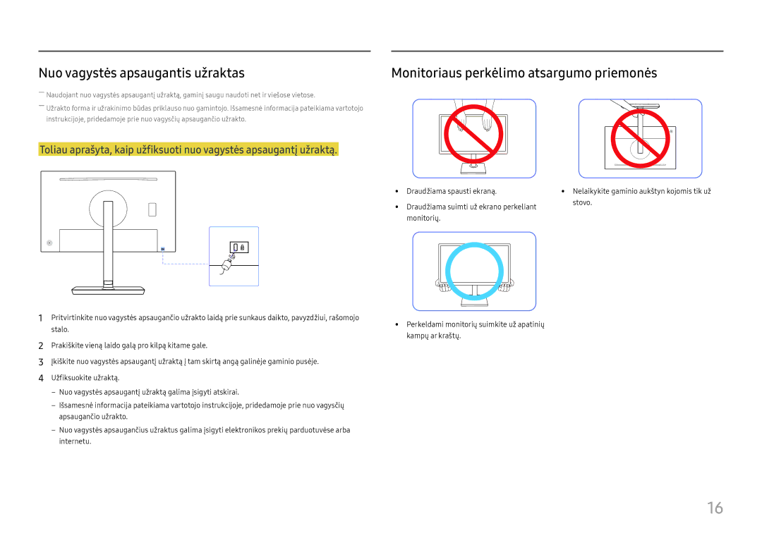 Samsung LS27H850QFUXEN manual Nuo vagystės apsaugantis užraktas, Monitoriaus perkėlimo atsargumo priemonės 