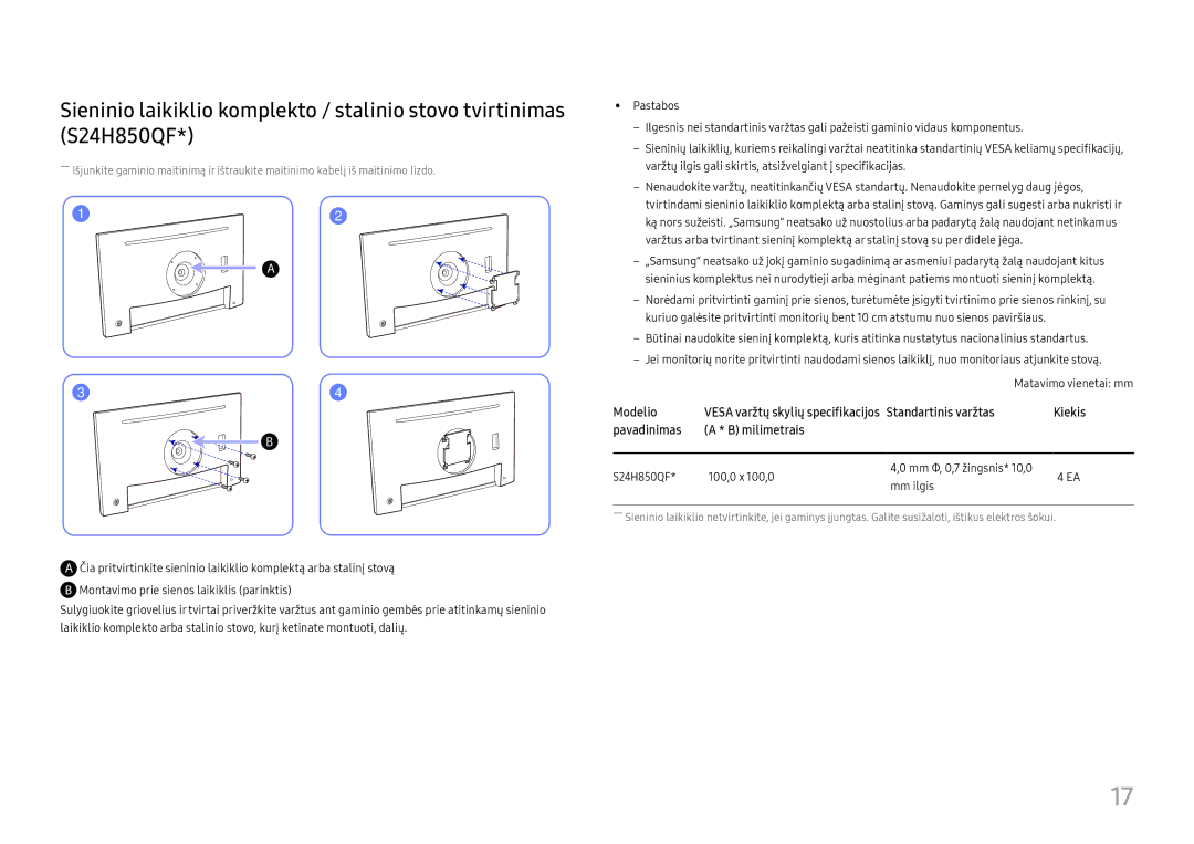 Samsung LS27H850QFUXEN manual Modelio, Standartinis varžtas, Pavadinimas Milimetrais 