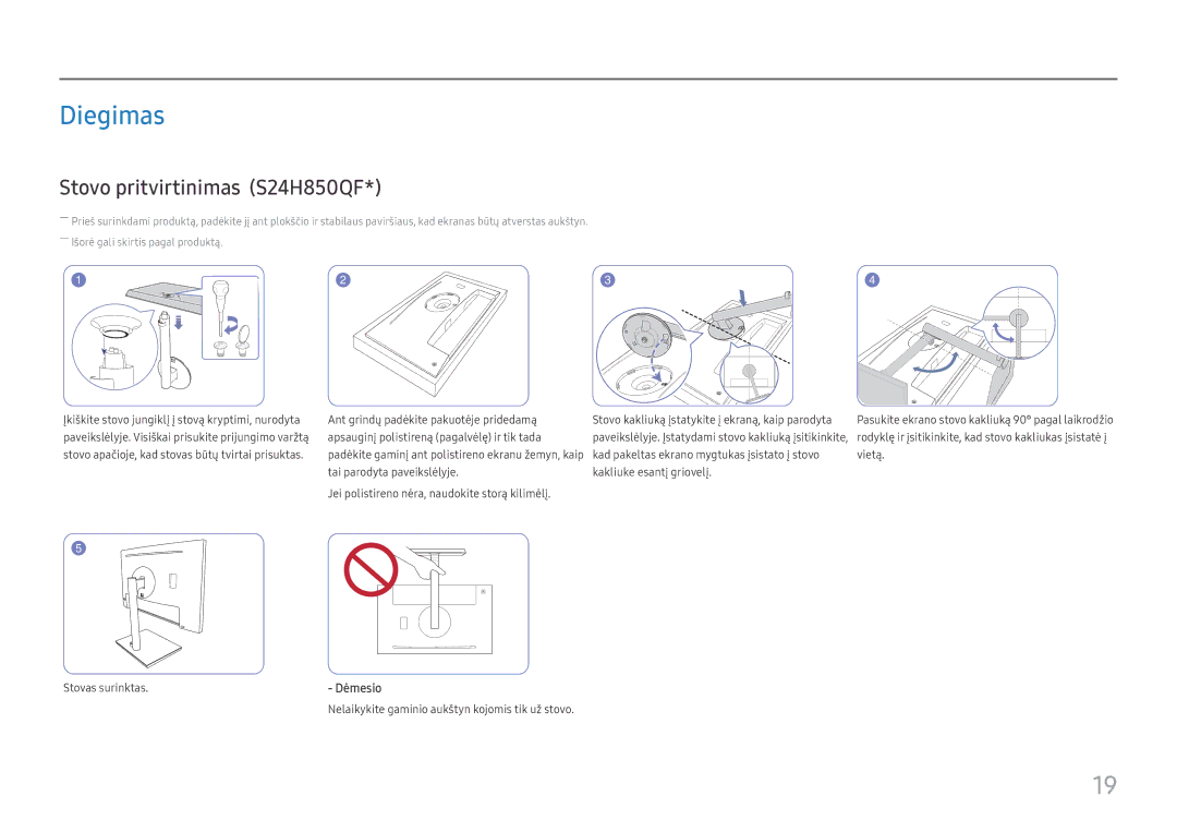 Samsung LS27H850QFUXEN manual Diegimas, Stovo pritvirtinimas S24H850QF, Dėmesio 