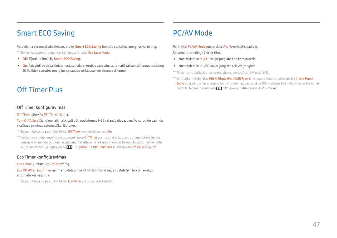 Samsung LS27H850QFUXEN manual Smart ECO Saving, Off Timer Plus, PC/AV Mode 