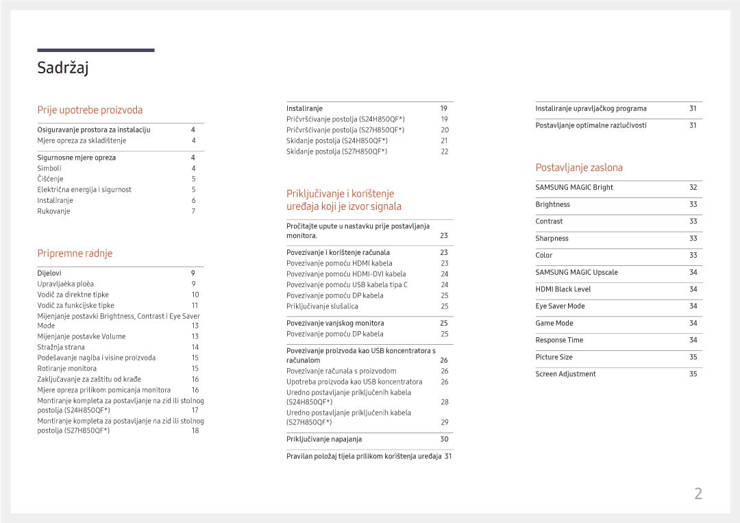 Samsung LS27H850QFUXEN manual Sadržaj 