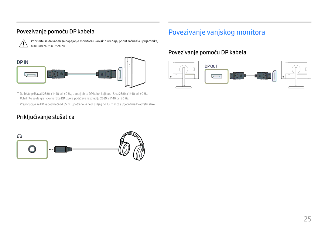 Samsung LS27H850QFUXEN manual Povezivanje pomoću DP kabela, Priključivanje slušalica 