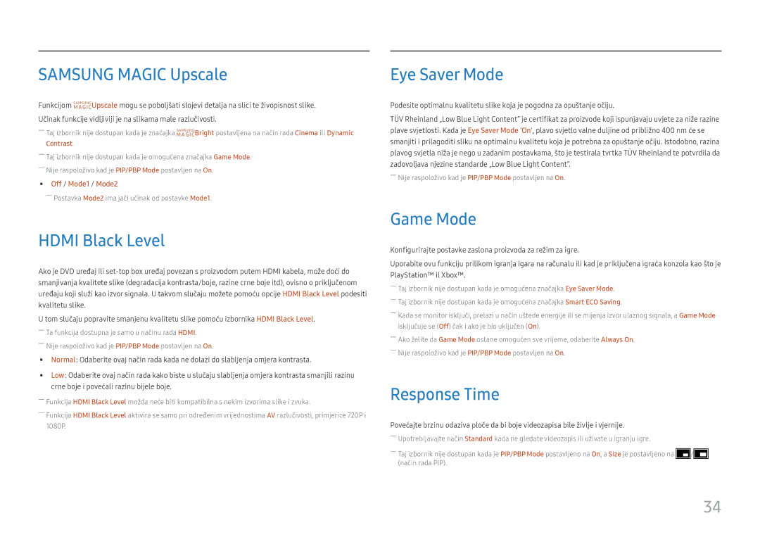 Samsung LS27H850QFUXEN manual Samsung Magic Upscale, Hdmi Black Level, Eye Saver Mode, Game Mode, Response Time 