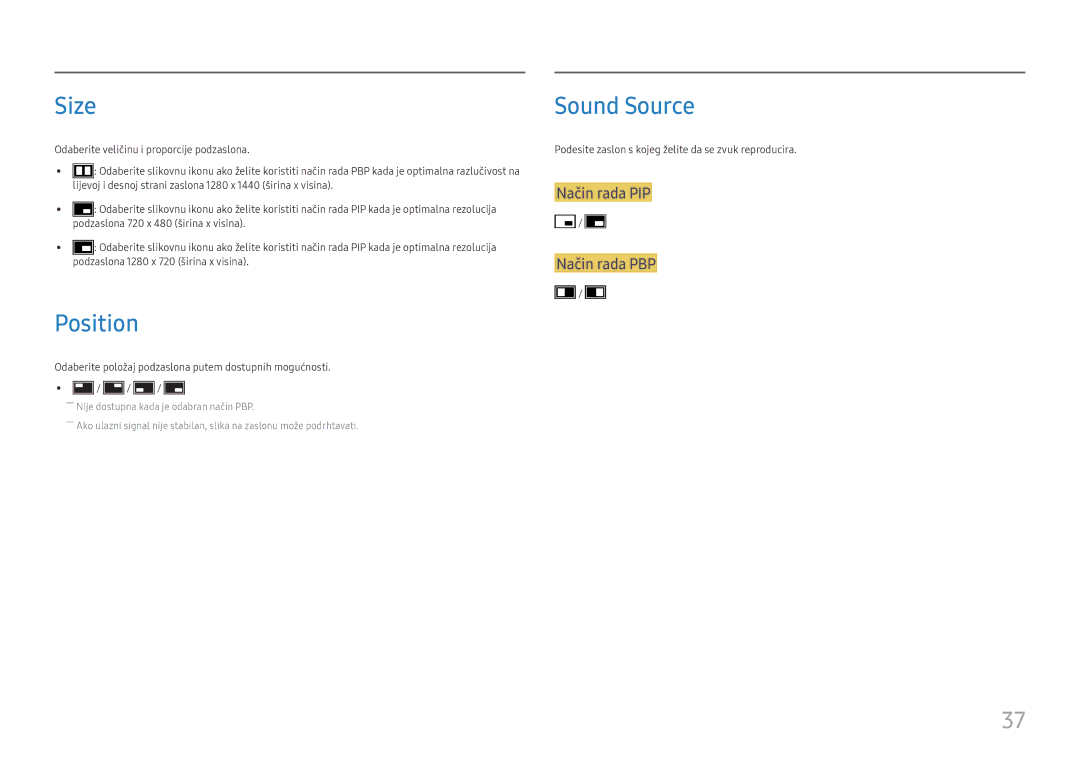 Samsung LS27H850QFUXEN manual Size, Position, Sound Source, Način rada PIP Način rada PBP 