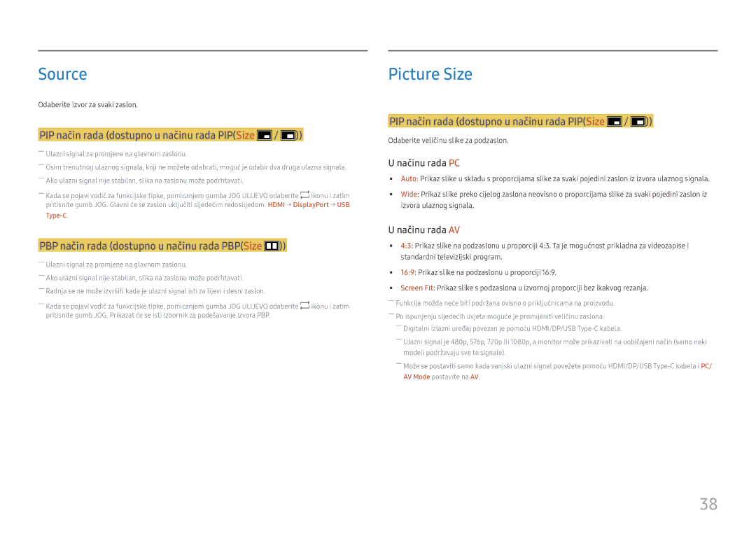 Samsung LS27H850QFUXEN manual Source, PIP način rada dostupno u načinu rada PIPSize 