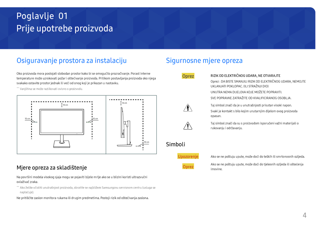 Samsung LS27H850QFUXEN Prije upotrebe proizvoda, Osiguravanje prostora za instalaciju, Sigurnosne mjere opreza, Simboli 