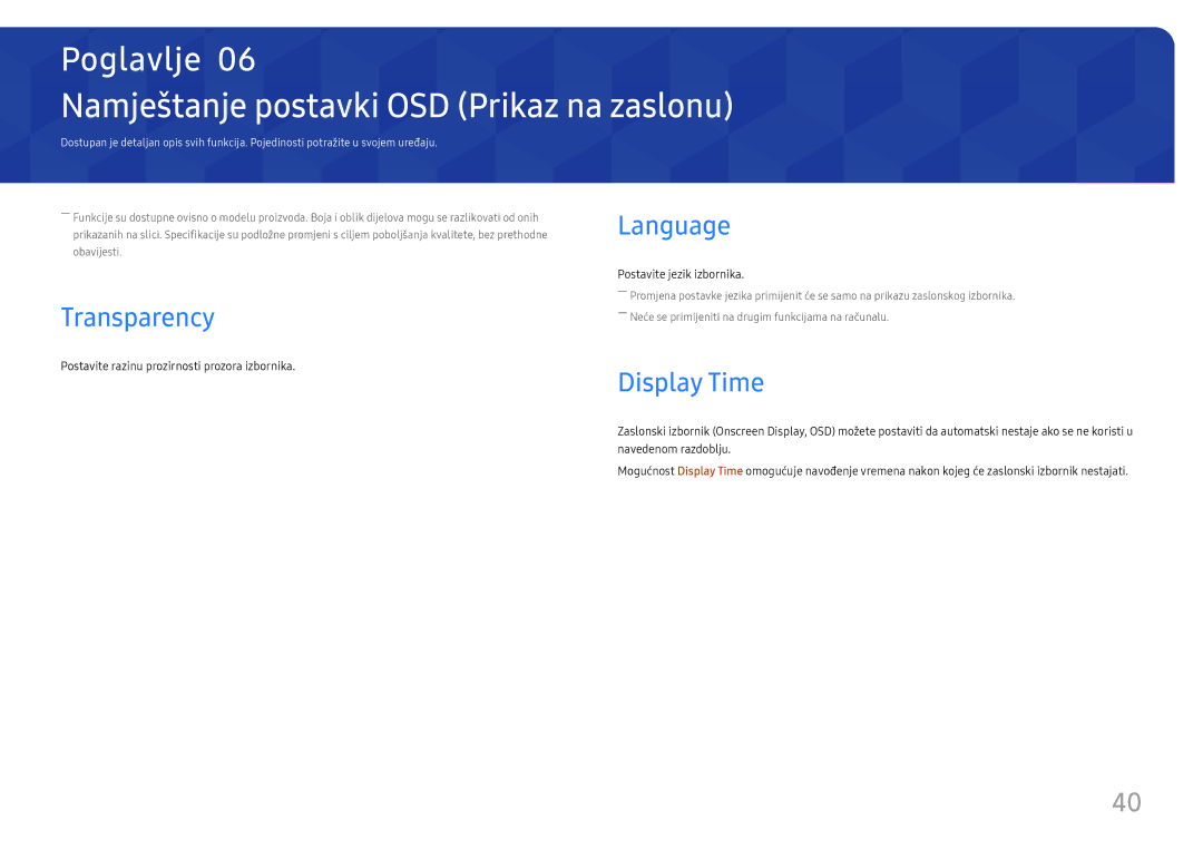 Samsung LS27H850QFUXEN manual Namještanje postavki OSD Prikaz na zaslonu, Language Transparency, Display Time 