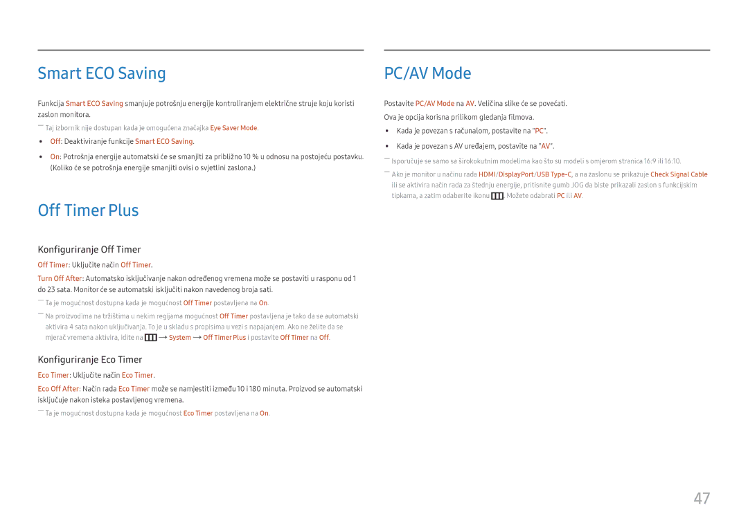 Samsung LS27H850QFUXEN manual Smart ECO Saving, Off Timer Plus, PC/AV Mode 