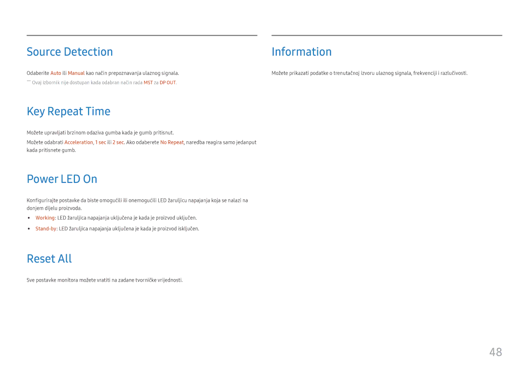 Samsung LS27H850QFUXEN manual Source Detection Information, Key Repeat Time, Power LED On, Reset All 