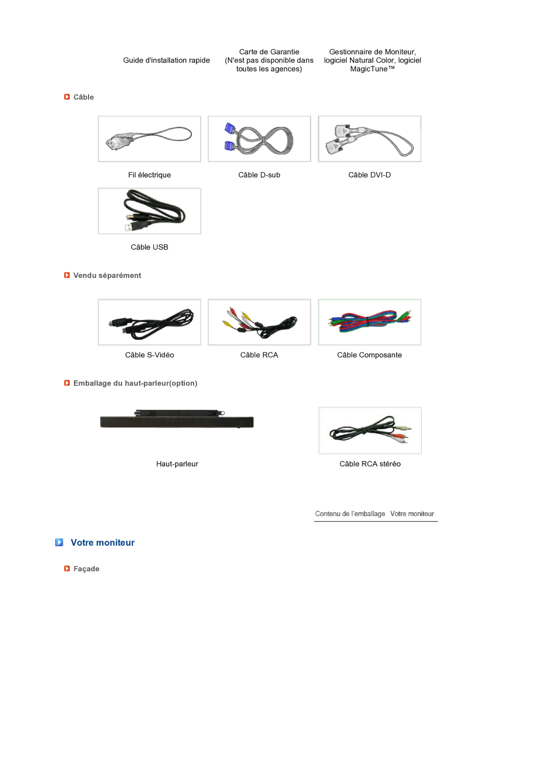 Samsung LS27HUBCBS/EDC, LS27HUBCB/EDC Votre moniteur, Câble, Vendu séparément, Emballage du haut-parleuroption, Façade 