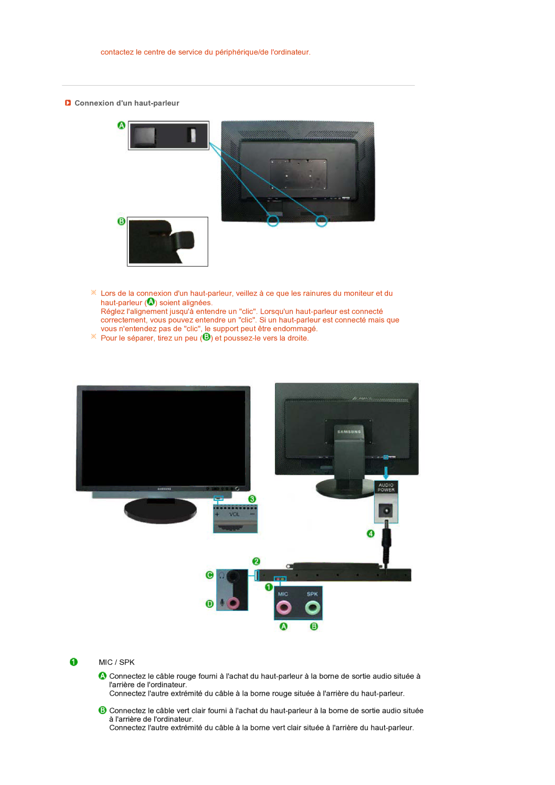 Samsung LS27HUBCB/EDC, LS27HUBCBS/EDC manual Connexion dun haut-parleur, Mic / Spk 