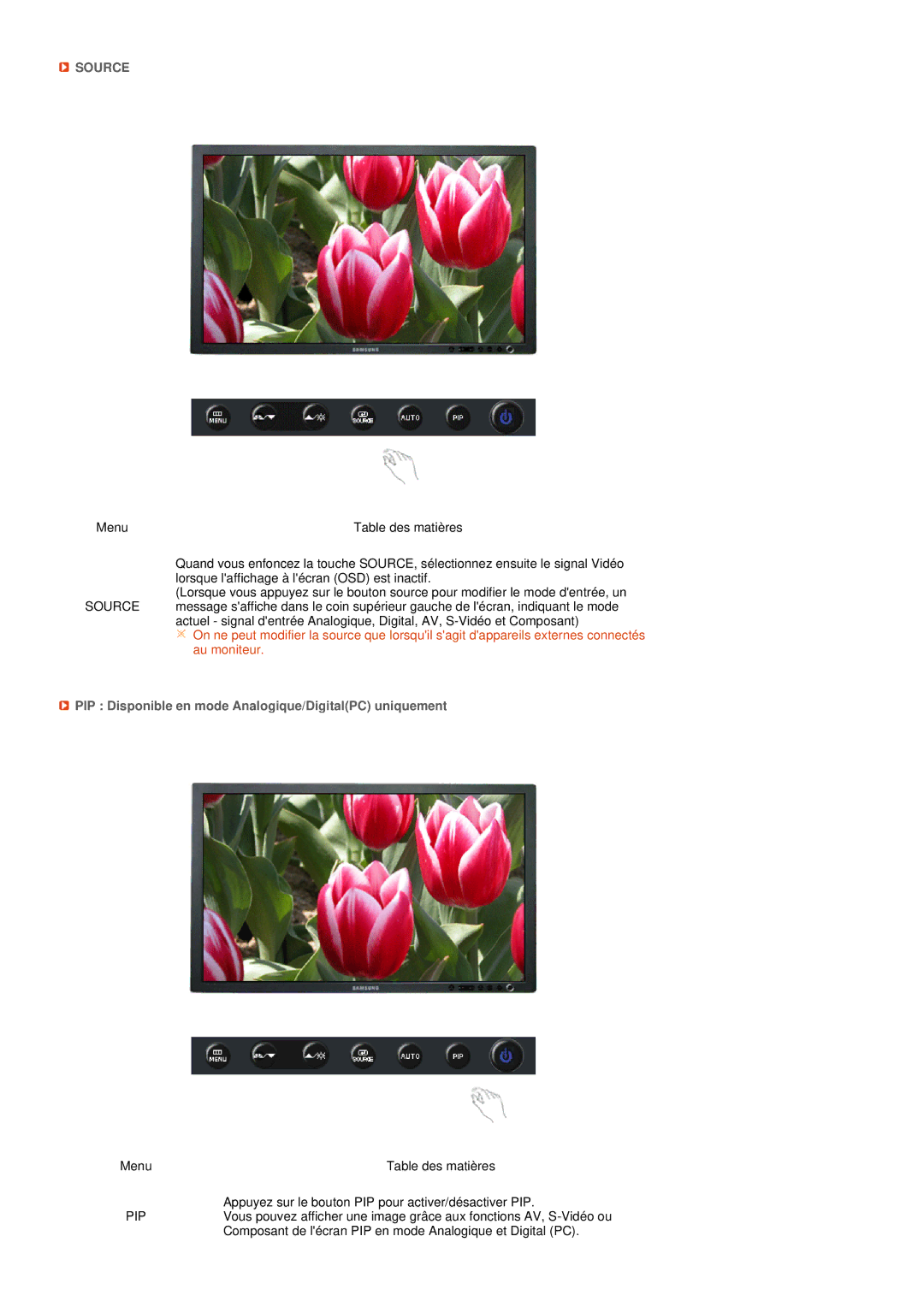 Samsung LS27HUBCB/EDC, LS27HUBCBS/EDC manual Source, PIP Disponible en mode Analogique/DigitalPC uniquement 