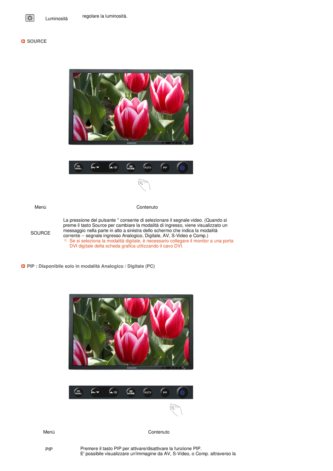 Samsung LS27HUBCB/EDC, LS27HUBCBS/EDC manual Source, PIP Disponibile solo in modalità Analogico / Digitale PC 