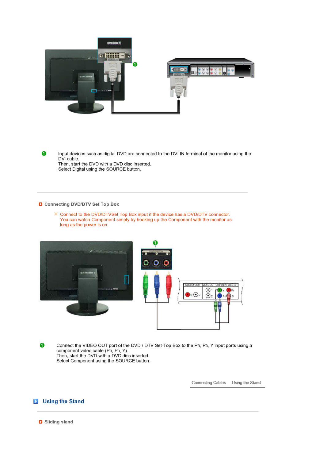 Samsung LS27HUBCB/EDC, LS27HUBCBS/EDC manual Using the Stand, Connecting DVD/DTV Set Top Box, Sliding stand 