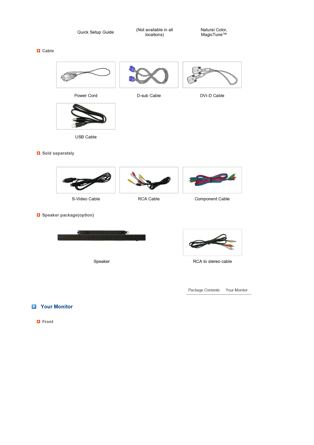 Samsung LS27HUBCBS/EDC, LS27HUBCB/EDC manual Your Monitor, Cable, Sold separately, Speaker packageoption, Front 